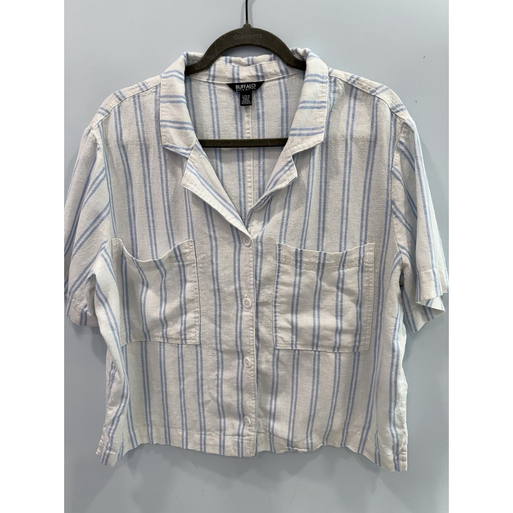 Buffalo David Bitton Linen Rayon Striped Camp Shirt Large Blue White Pockets Top